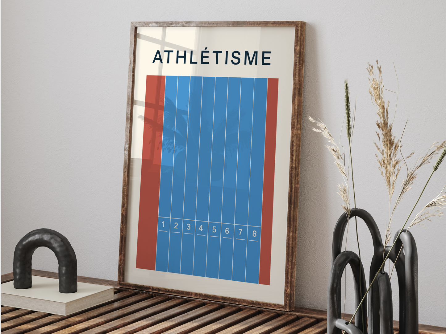 Affiche minimaliste représentant une piste d’athlétisme. Cadeau parfait pour les passionnés de running.