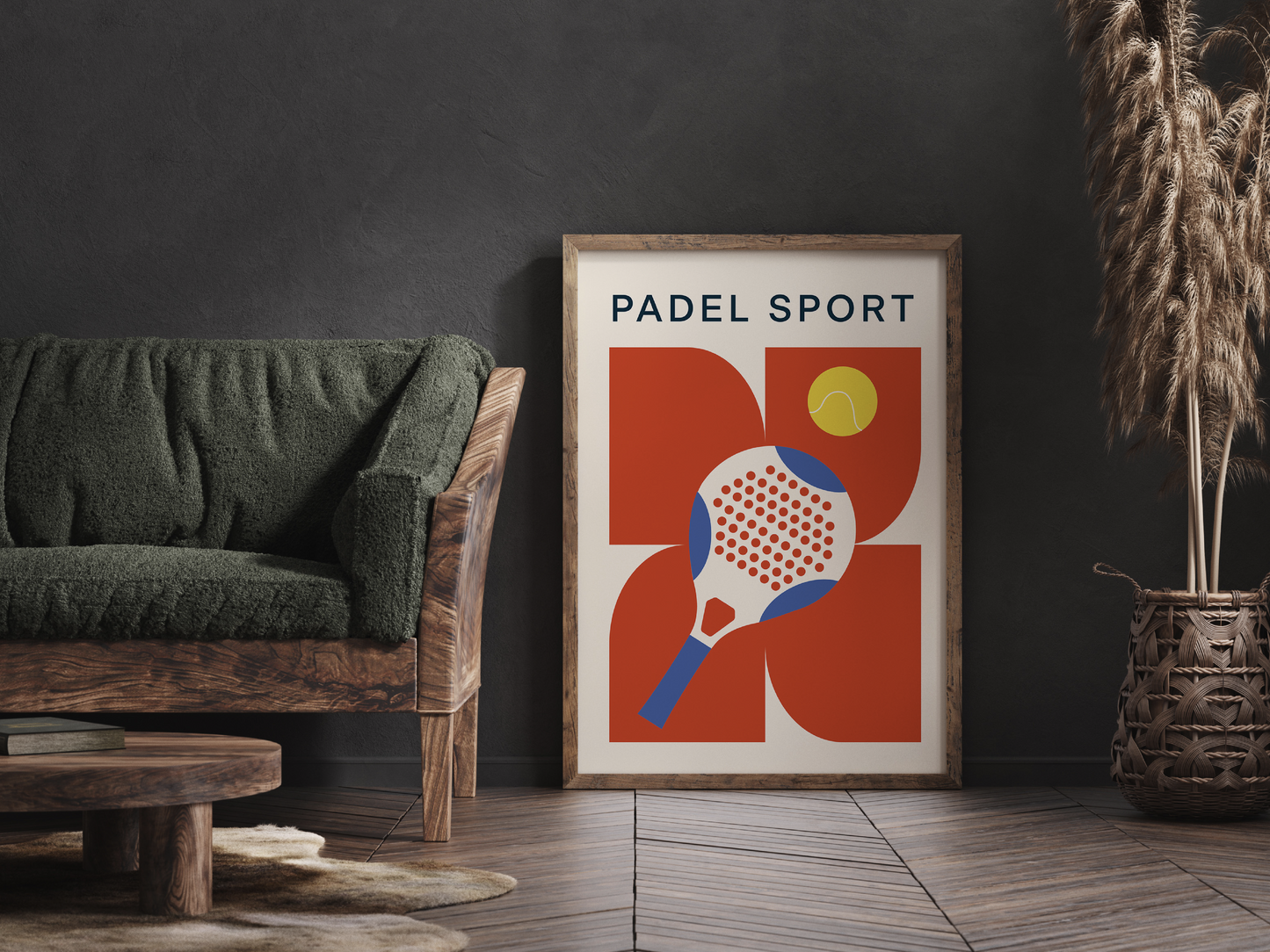 Affiche minimaliste sur le Padel avec une raquette stylisé et un design graphique aux couleurs éclatantes.
