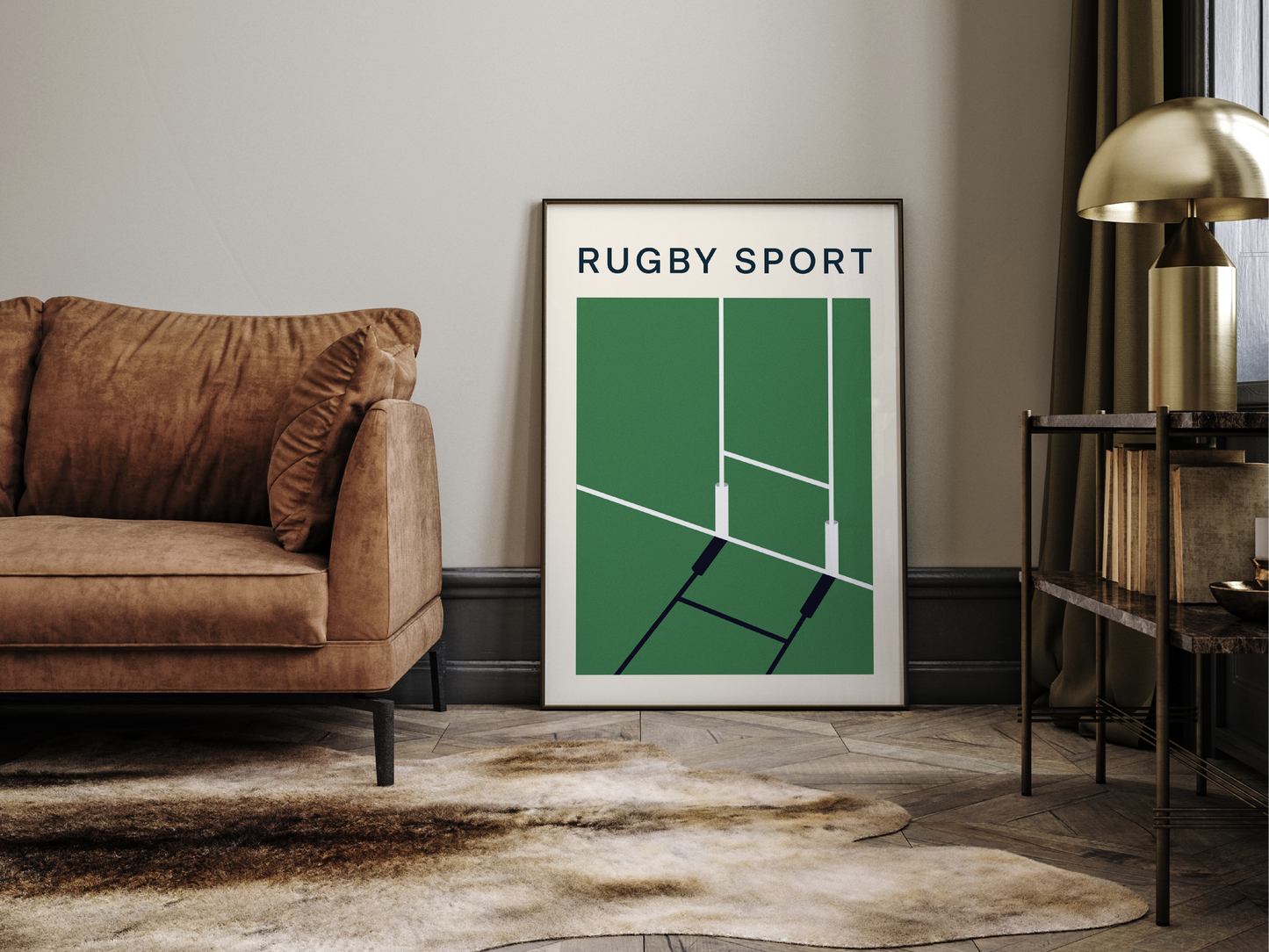 Affiche minimaliste représentant le terrain avec ses poteaux d'en-but. Design épuré pour les passionnés de rugby.