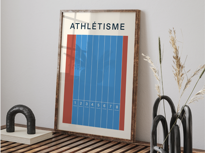 Affiche minimaliste  représentant une piste d’athlétisme. Cadeau parfait pour les passionnés de running.