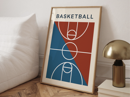 Affiche minimaliste de basket avec un terrain stylisé. Parfaite pour les passionnés de basketball.