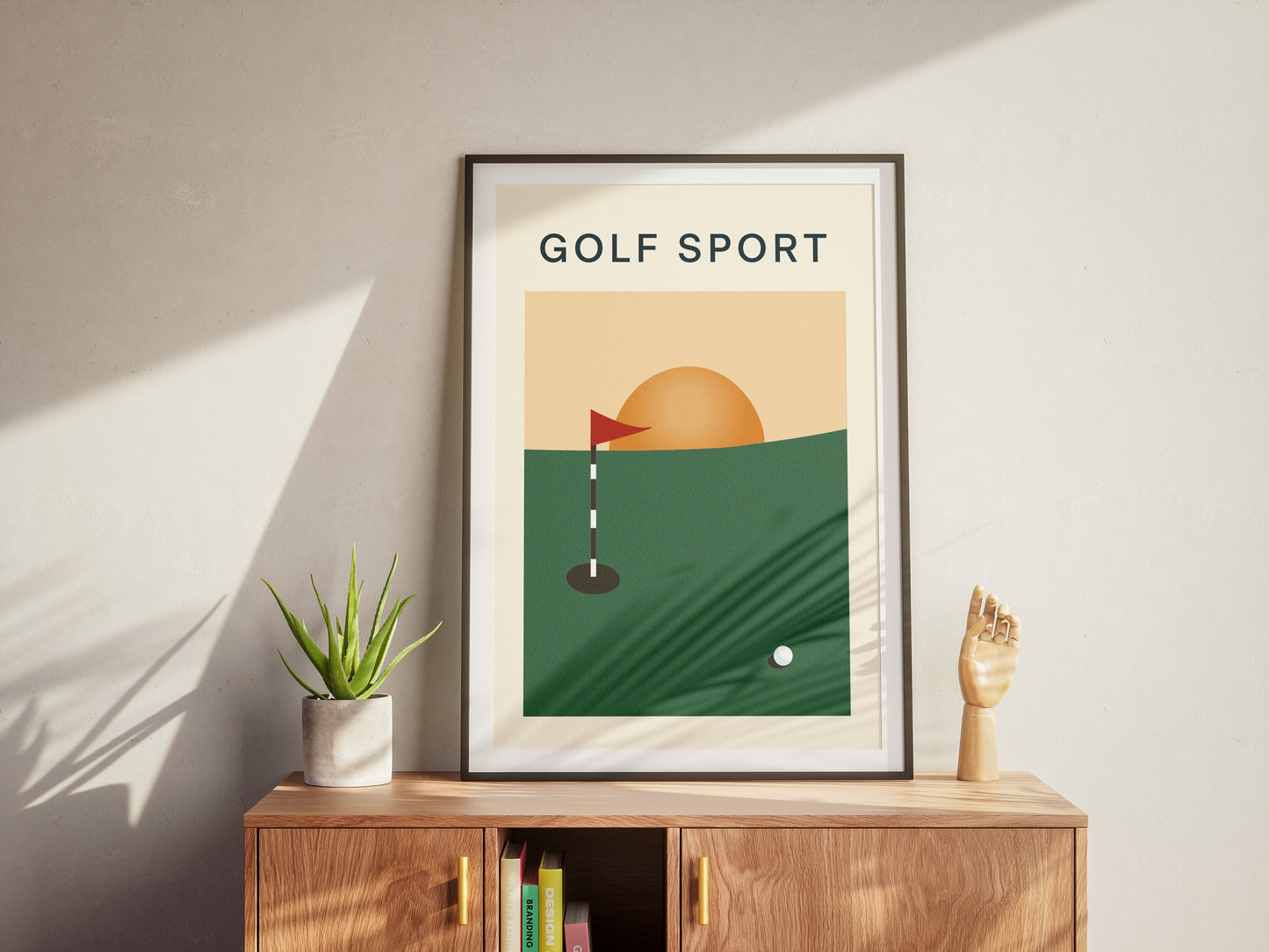 Affiche sur le golf avec un beau green suivit d'un coucher de soleil