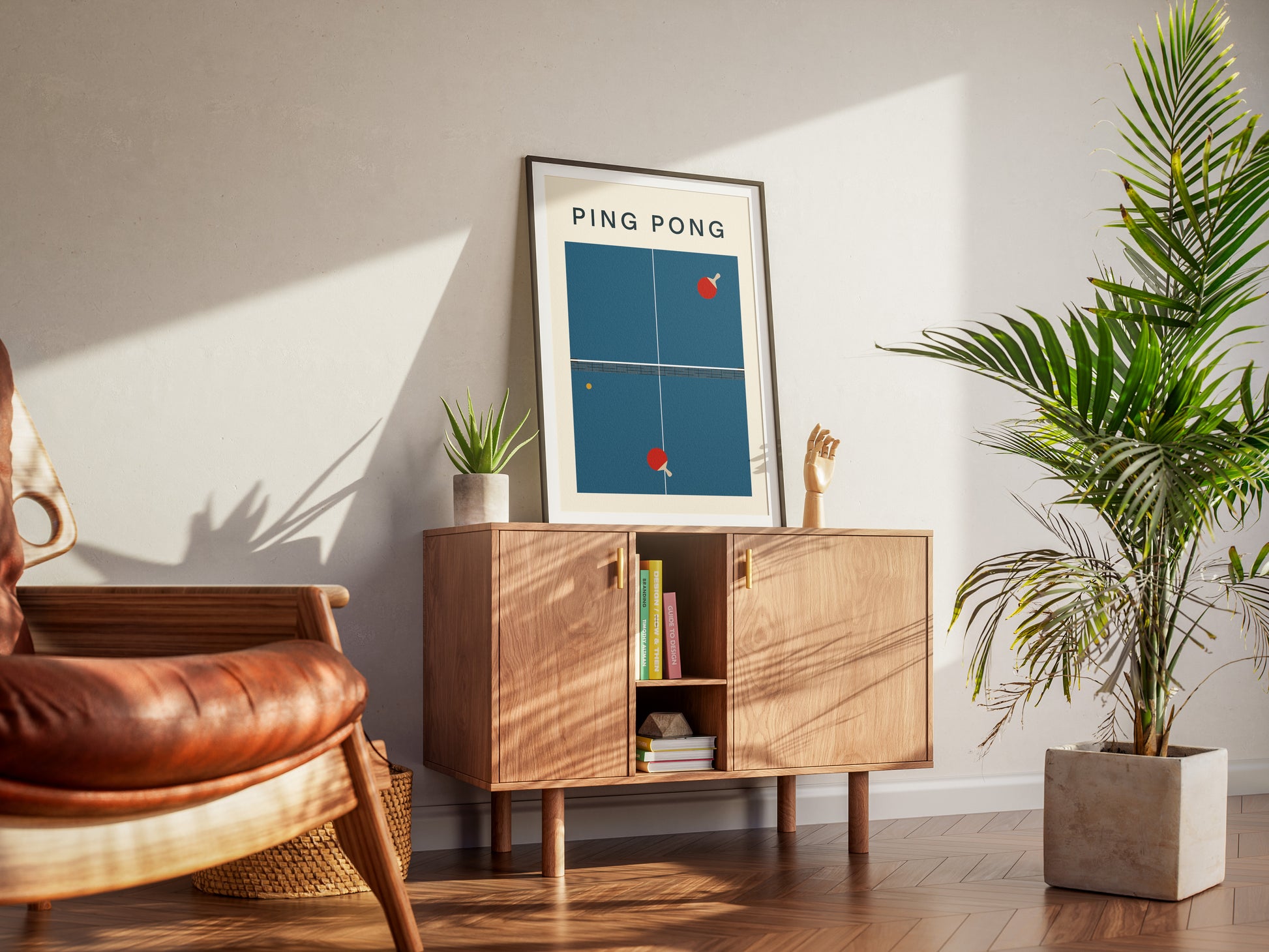 Affiche sur le Ping Pong avec la table, les raquettes ainsi que la balle 