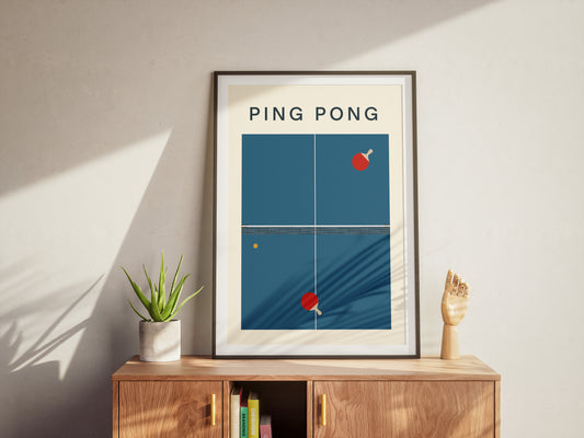 Affiche sur le Ping Pong avec la table, les raquettes ainsi que la balle 