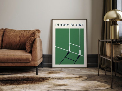 Affiche minimaliste représentant le terrain avec ses poteaux d'en-but. Design épuré pour les passionnés de rugby.