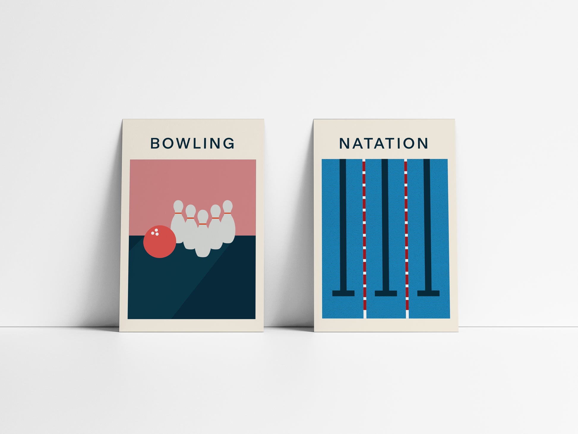 Deux affiches sur le sport de la collection Supotsu, elles représentent la natation et le bowling